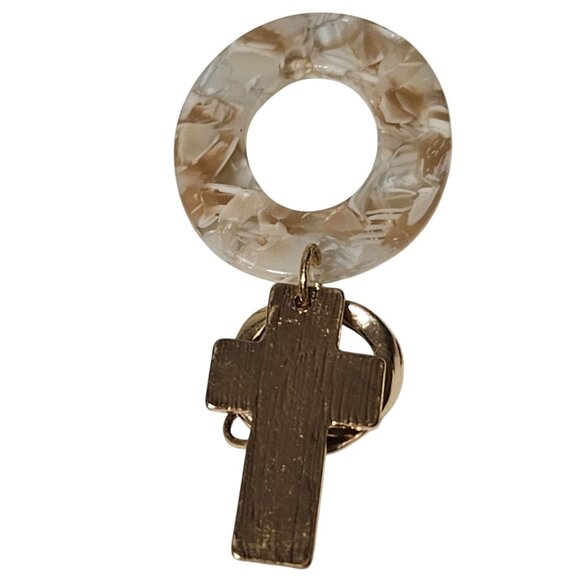Goldtone Psalm 46:5 Cross Pendant Keychain Marbled Beige Acrylic Ring Religious - Picture 2 of 5